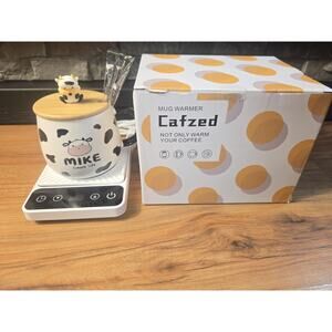 Coffee Mug Warmer with Cute Cow Mug Desk "Mike" Name With Spoon Personalized